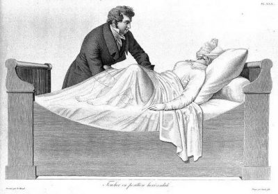 Hysteria treatment: the doctor puts his hand under the patient's skirt and regularly massages the woman's pelvic area
